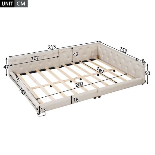 Sovsoffa Dagbädd 140x200cm med sängbord & USB-C - knapptopp, stämningsbelysning med fjärrkontroll, linne i beige White