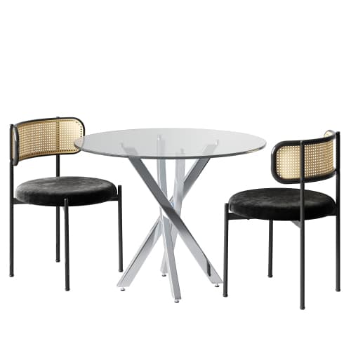 Matbord med 2 stolar & härdat glas, 80x80cm, modernt med galvaniserade ben, svart & silver silver
