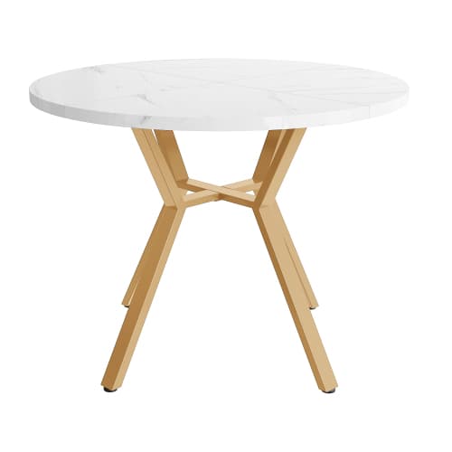 Runt matbord 100 cm, marmorlook & guldfärgad X-bensram, modernt soffbord, stabilt, för vardagsrum Golden+White