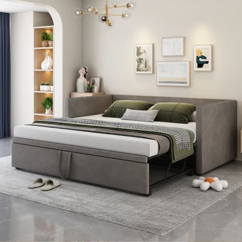 Grå utdragbar bäddsoffa 90-180x200 cm - multifunktionell säng med ribbotten & sammetsöverdrag Gray