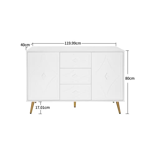 Kommode med diamantmønster og guldfødder, 3 skuffer og 2 døre, 120x80cm, hvid, elegant design til flere rum White