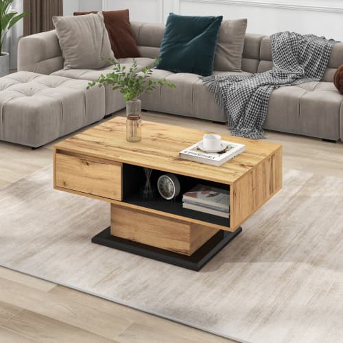 Sofa bord med dobbeltsidet opbevaring, grebsfri skuffe & opbevaringsrum, træstruktur, til kontor & stue Natural