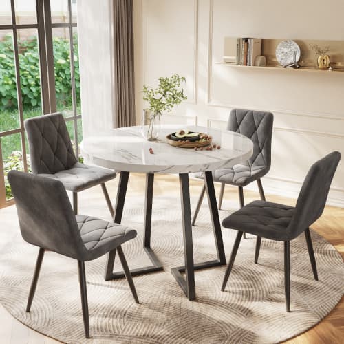 Modernt runt matbord med marmor och metallram – elegant design i vitt/svart (diameter 80 cm) White+Black