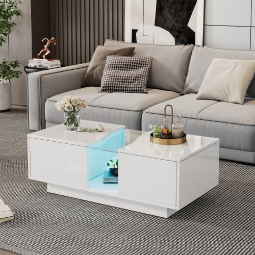 Modernt LED sidobord Högglans vit – 100cm soffbord med 2 lådor & akrylplatta | För vardagsrum och sovrum White