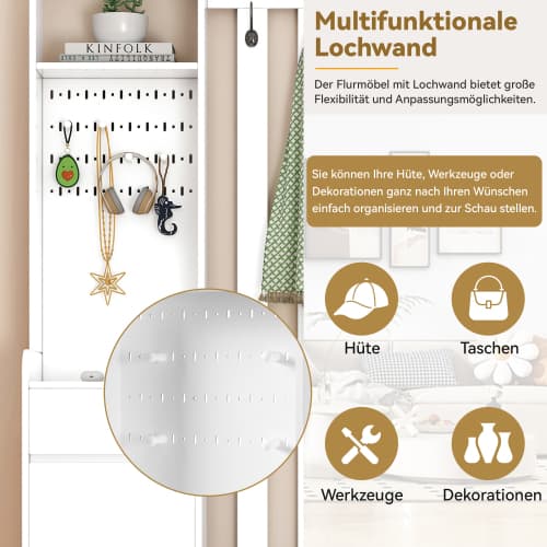 Vit hallmöbel med klädd bänk & panel – multifunktionellt skoskåp med 4 krokar – 100×35×180 cm White