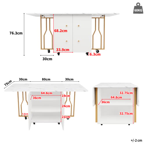Bärbart hopfällbart bord med marmoroptik – multifunktionellt matbord med gyllene ben & hjul White