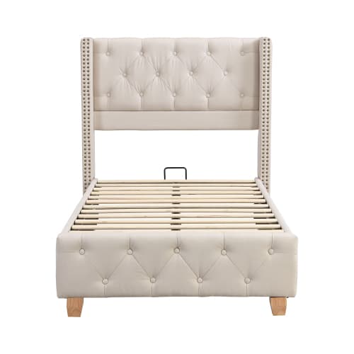 Beige linneklädd säng 90x200 cm – Med sänggavel, knapp- & nitoptik, träben & sängbotten Beige