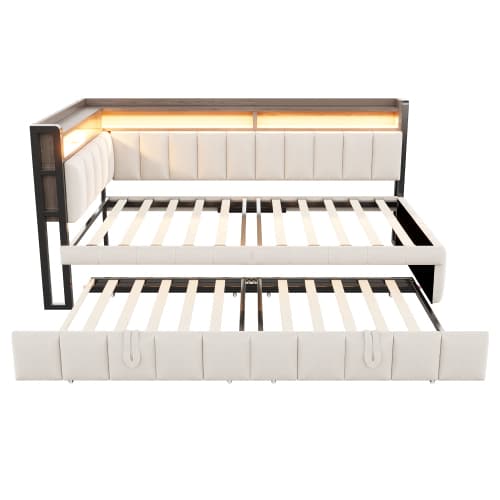 Modern bäddsoffa med USB-C & LED-belysning, utdragbar säng 90x200cm med förvaringsfack, sammetstyg i beige Beige
