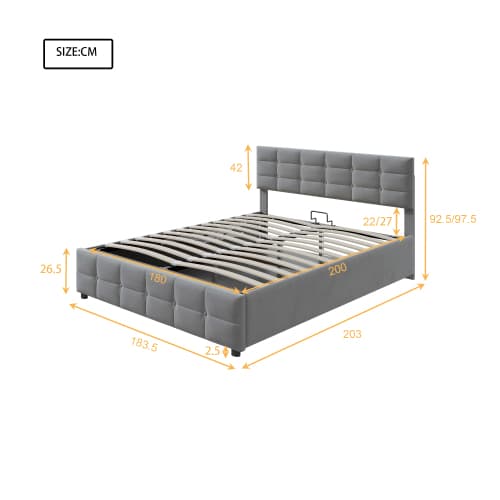 Premium säng med klädsel 180×200 cm | Grå sammet | Hydrauliskt förvaringsutrymme Gray