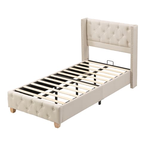 Beige linneklädd säng 90x200 cm – Med sänggavel, knapp- & nitoptik, träben & sängbotten Beige