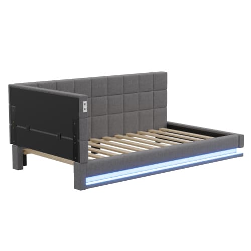Bäddsoffa 90x200 cm - grå sammet (hudvänlig) - Med LED-ljusramp & USB - inkl. ribbotten - multifunktionell gästsäng Gray