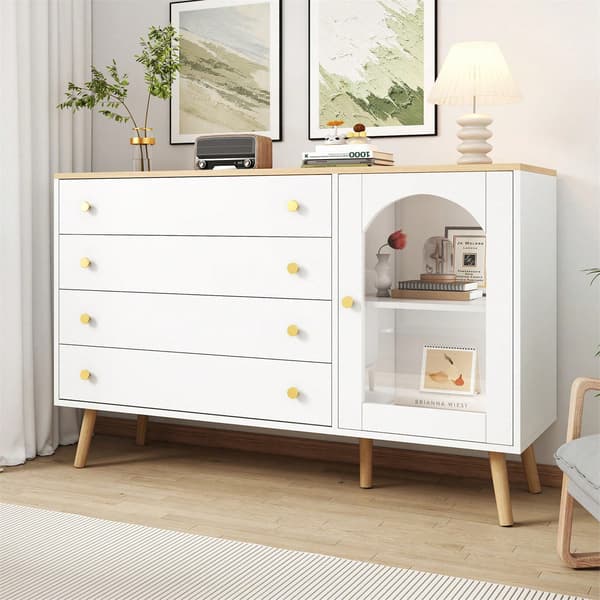 Vit byrå med 4 breda lådor Lämplig för matsal, kök, vardagsrum, modern stil, 40*120*77,5 cm White + Particle Board