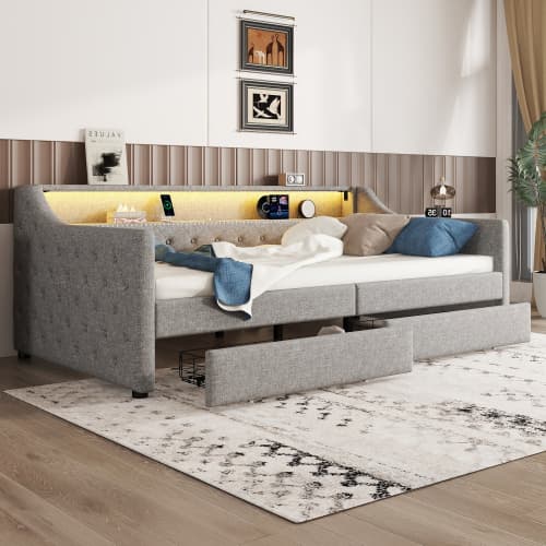 90x200 cm Dagbädd i grått – Modern bäddsoffa med stämningsbelysning & smarta funktioner Grey