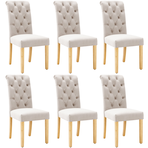 Set med 6 matstolar med ben i ek, knapp, kromad dörrknackare Sovrumsstol Köksstol Vardagsrum Fåtölj, Beige Beige