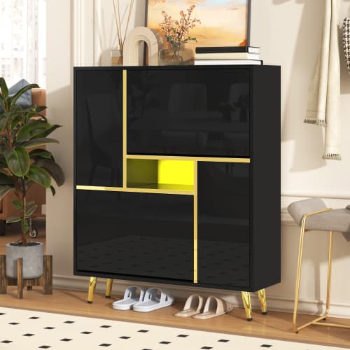 Skoskab 80 cm sort med 16-farvet LED-belysning, højglans front & opbevaring Black