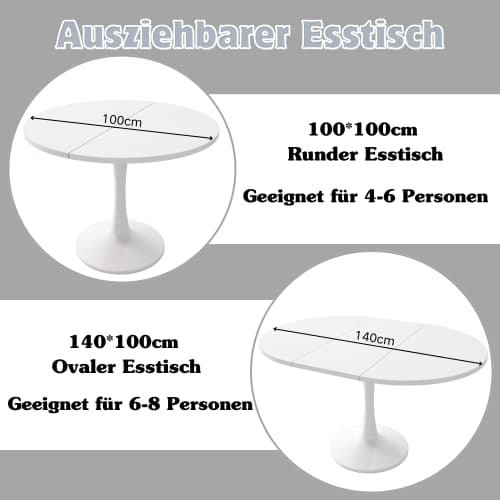 Utdragbart matbord, ovalt matbord, soffbord, längd 100/140 x bredd 100 x höjd 75 cm, modernt enkelt matbord, vit White