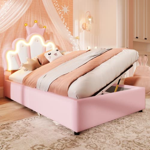 Prinsesseseng 90x200cm med kroneform, hydraulisk løftemekanisme & LED-belysning, justerbart sengegærde, pink Pink