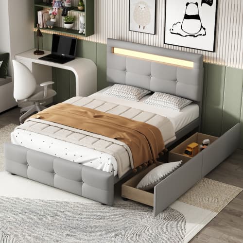 Modern stoppad säng 90×200 cm med LED-belysning - linnetyg & 2 lådor (grå) Grey