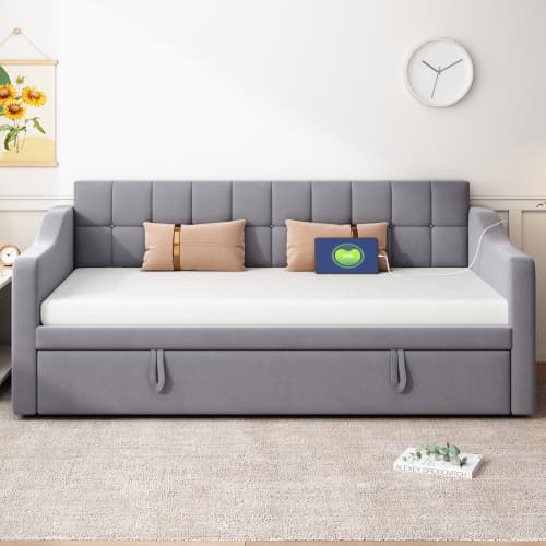 Seng polstret sovesofa 2-i-1 (90x180cm) Grå – fløjl med stik & opbevaringstaske, multifunktionelle møbler Gray