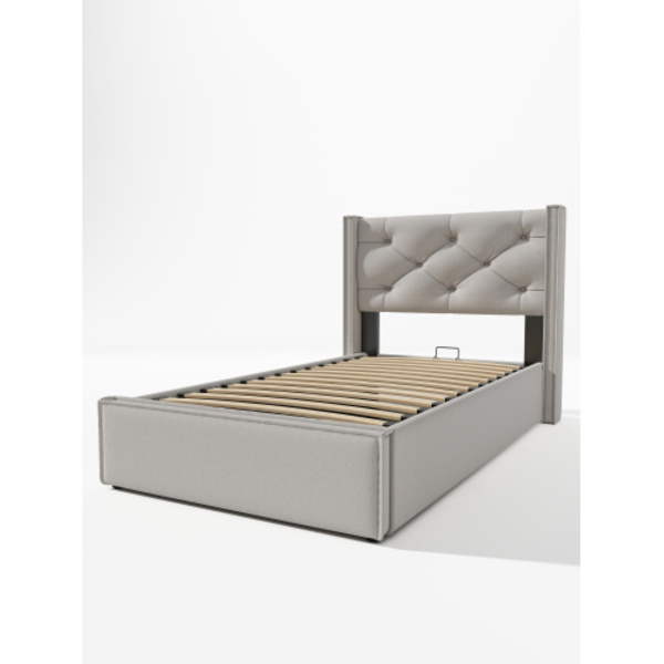 Hydraulisk enkelsäng klädd 90x200cm, säng med metallram, modern sängram med förvaring, bomull LIGHT GREY