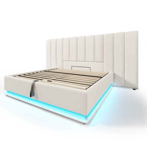 Säng 160×200, dubbelsäng med förvaring, appstyrd LED och USB-C laddningsfunktion, sängram med sänggavel, PU, vit White