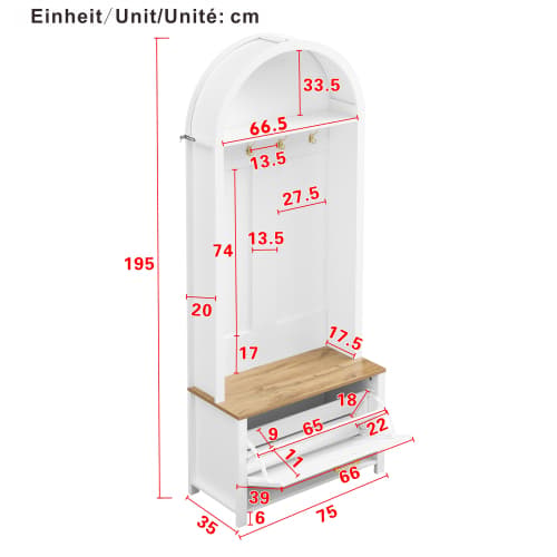 Garderobe med skohylde, hylde og kroge - robuste jernfødder, MDF-krop til entré White