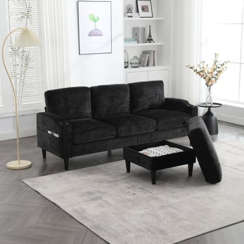 Lyxig soffgrupp med pall | 4-sits Samptoptic | multifunktionell vardagsrumssoffa med förvaringsutrymme Black
