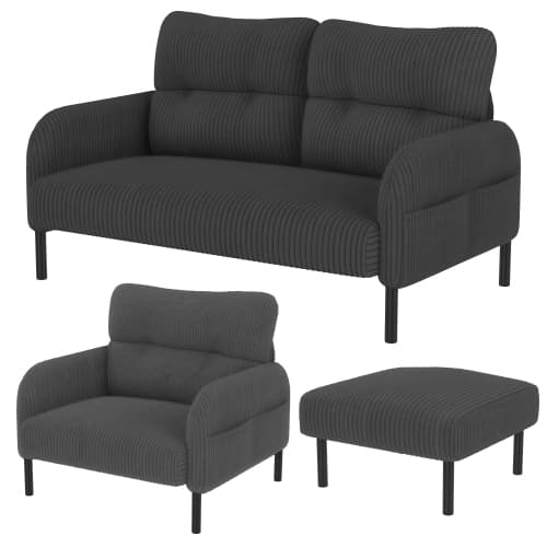 Cord 3-set grå - 2-sits soffa + fåtölj + pall - stålrörsram & extra mjuk klädsel - sittdjup - modulär för vardagsrum Gray