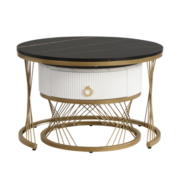 Elegant soffbord: marmoroptik, gulddekor, sidobord med lådor – set om 2 Black