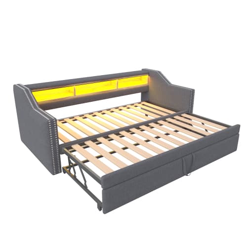 Soffa med bäddfunktion 90/180x190 cm mörkgrå - utdragbar säng med LED, USB & förvaringsfack (multifunktionell soffa, inkl. ribbotten) DARK GREY