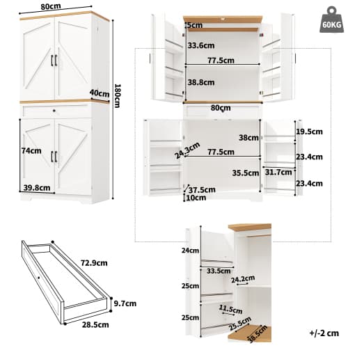 Moderne snackskab med 12 rum, buffetskab 80x180cm til køkken & stue, opbevaringsskab White