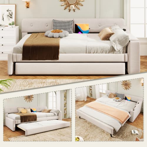Sänglinne 90x200 cm med utdragbar säng & USB | Multifunktionell komfort Beige