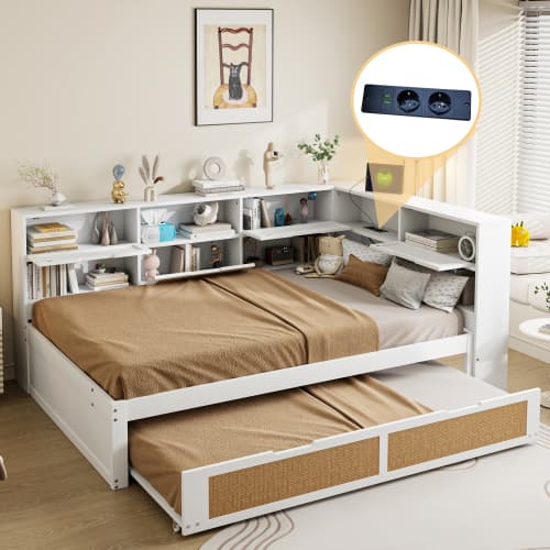 Soffa av trä 140x200 - utdragbar säng med förvaring & USB | Vit multifunktionell säng för barn/gäster White