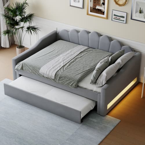 Dagsbädd 140x200cm grå - vadderad med LED-belysning & utdragbar säng, modern bäddsoffa med komfortfunktioner Gray