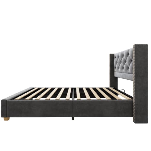 Grå sammetsklädd säng 90x200 cm – Med sänggavel, knapp- & nitdesign, träben & sängram Grey