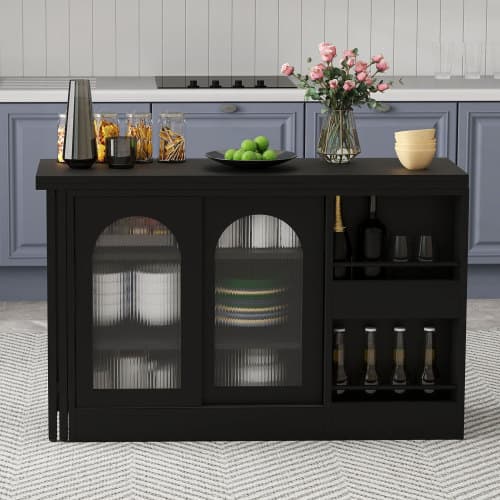 Svart barbord, utdragbart & 360° roterbart - med förvaringsutrymme, glasskåpsdörr & sideboard Black