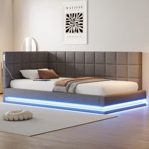 Bäddsoffa 90x200 cm - grå sammet (hudvänlig) - Med LED-ljusramp & USB - inkl. ribbotten - multifunktionell gästsäng Gray