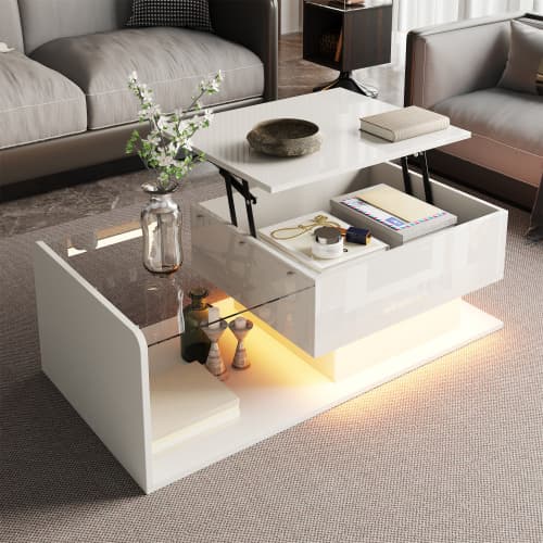 【Højglans hvidt sofabord】Med LED-belysning & glasplade, moderne sidebord med opbevaringsplads White
