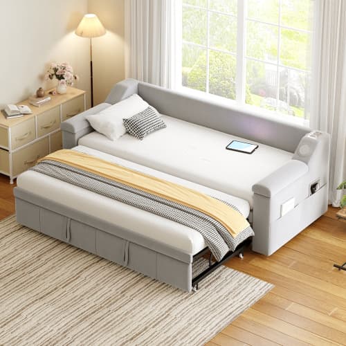 Smart bäddsoffa med klädsel 90/180×190 cm | Ljusgrå sammet | Med Bluetooth-ljud & USB light gray