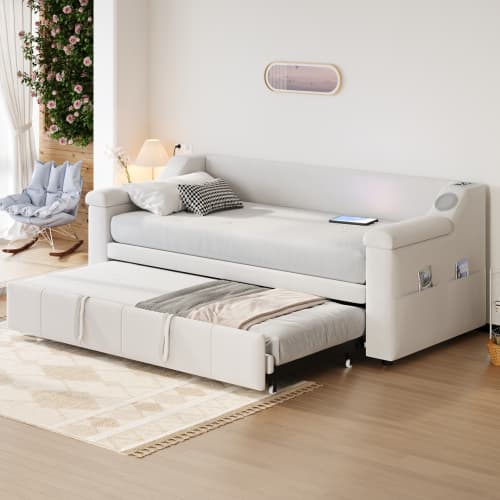 Smart bäddsoffa med klädsel 90/180×190 cm | Beige sammet | Med Bluetooth-ljud & USB Beige