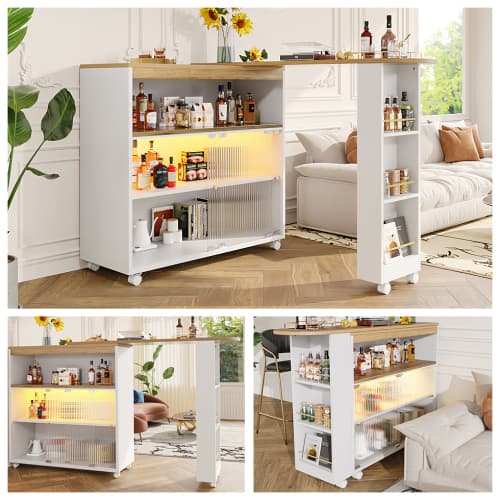 Vitt utdragbart barbord med LED & stort förvaringsutrymme – Modernt bistrobord (138-204×39×105 cm) White