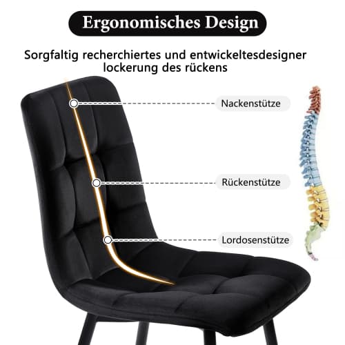 Svarta matrumsstolar, 4-pack – sammetslena, klädda designstolar med metallram & ryggstöd Black