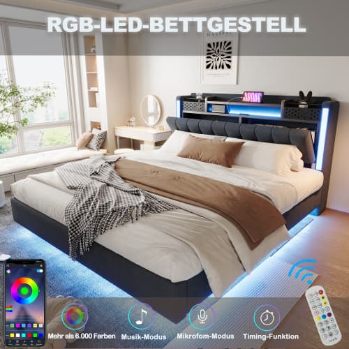 Modern stoppad säng 160x200 cm med LED-ljus & USB - svävande sängdesign med förvaringssänggavel (grå linne) Grey