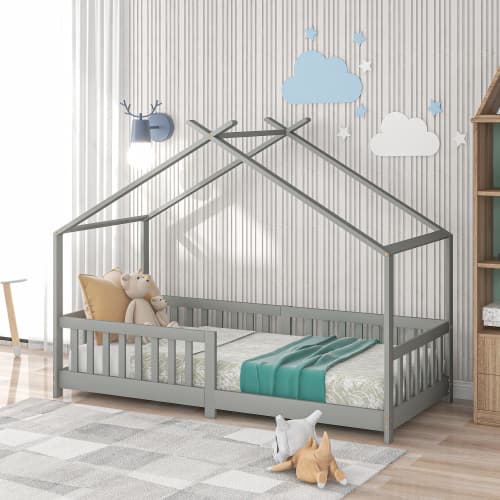 Husformad säng i massivt trä med säkerhetsstaket & ribbotten, grå (200x90cm) – idealisk för barnrum LIGHT GREY