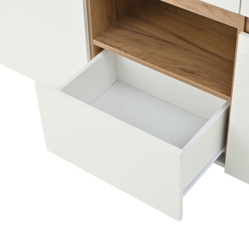 Skænk 140x70cm, kommode med 4 skuffer & 2 rum, grebsfri med LED-belysning, højglans hvid/træ white