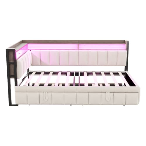 Modern bäddsoffa med USB-C & LED-belysning, utdragbar säng 90x200cm med förvaringsfack, sammetstyg i beige Beige