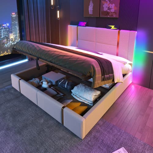Dubbelsäng USB Typ C Laddningsfunktion APP-Kontroll LED 160×200 Förvaringssängar sängram, trä sängram Beige