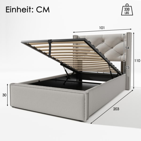 Hydraulisk enkelsäng klädd 90x200cm, säng med metallram, modern sängram med förvaring, bomull LIGHT GREY