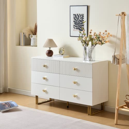 Skänk 120x40x75 cm med 6 lådor - Vit/Guld, MDF & stål, för vardagsrum & sovrum White
