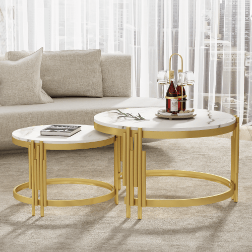 Modulerbart soffbordsset, marmoroptik, guldfärgad metallram, runda bord i två storlekar White